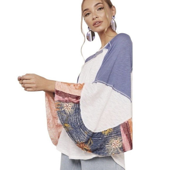 Free People Batwing Oversized Flowy Boho Color Block w/Florals Raw Hem Size L - Picture 2 of 14